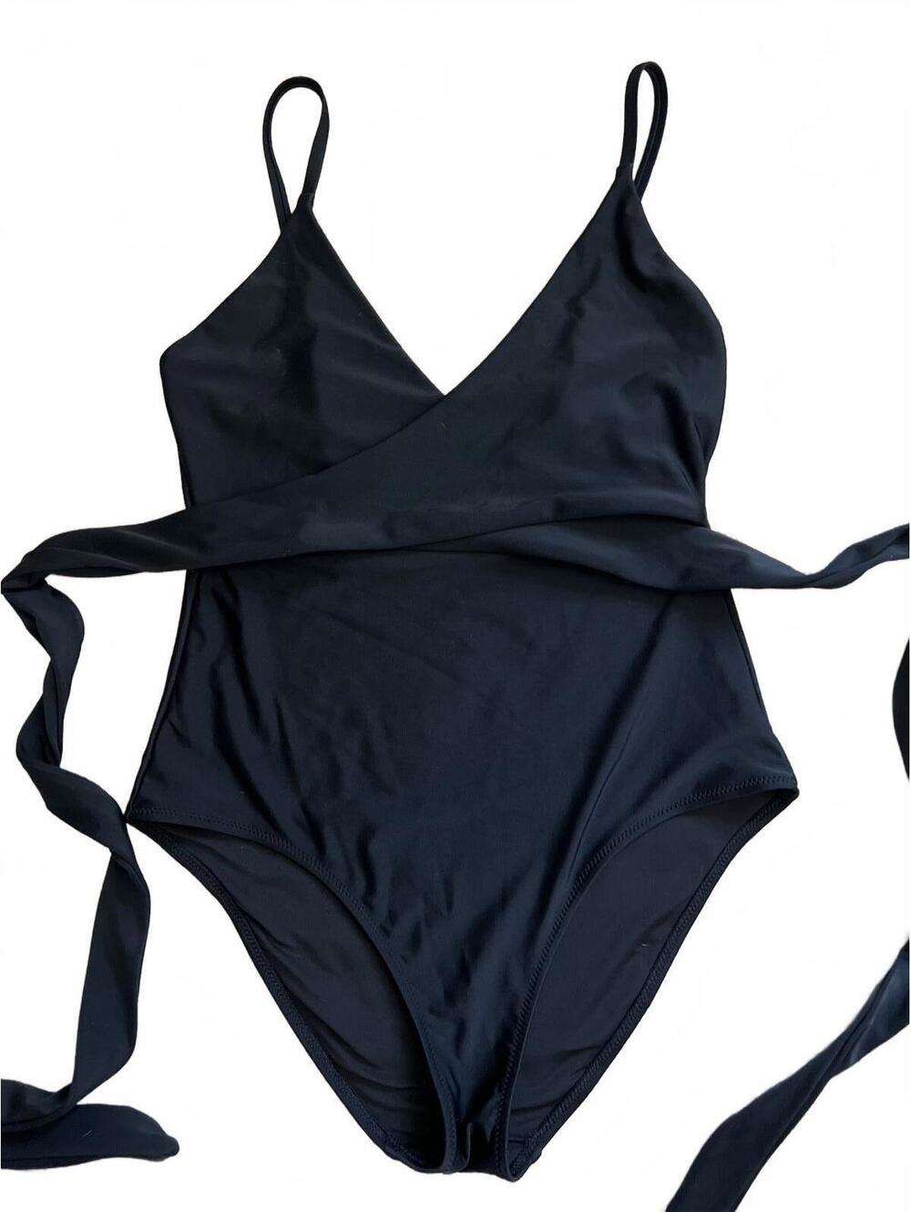 Aerie Black Wrap One Piece Swimsuit Womens 6 Long Full Coverage Cutout EUC